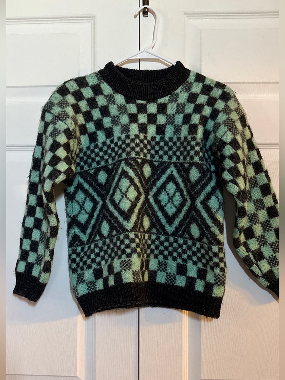 Womens M Wool Blend Sweater Green Black Geometric Mock Neck Made in Italy
